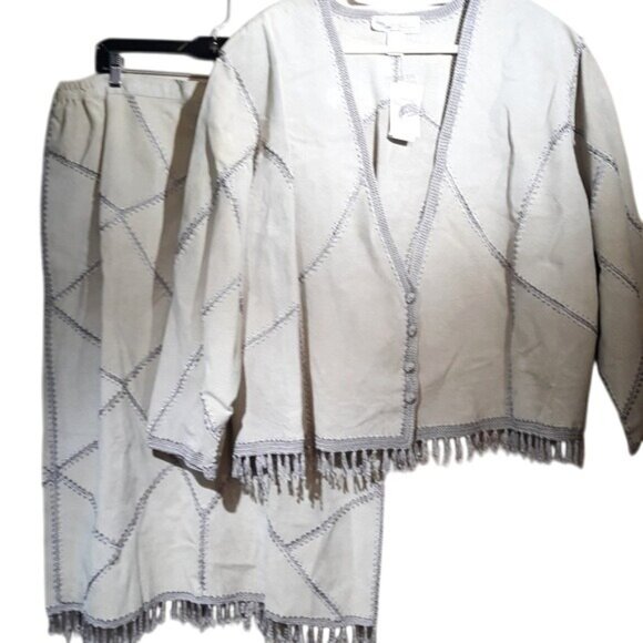 Tan Suede Skirt Suit Womens 4X Midi Crochet Patchwork - Picture 3 of 8